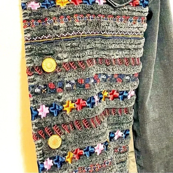 Topshop Embroidered Denim Jacket Jean Jacket Moto Washed Black Rough Edge - Picture 2 of 9